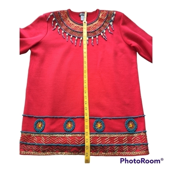 DL Mckelvey sweater red wool pullover faux pearl detail indian style size L - Picture 13 of 15